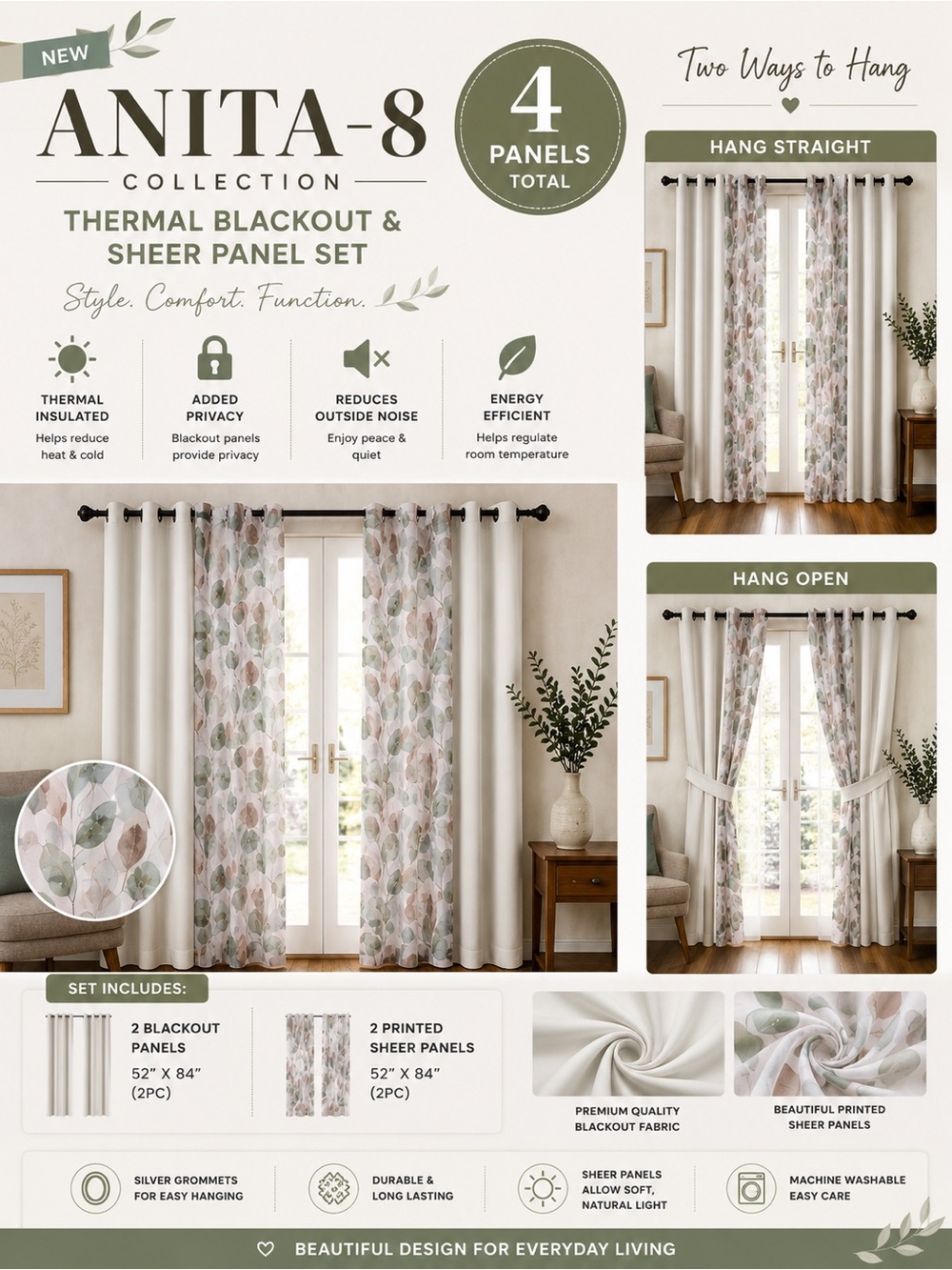 Anita Leaf-Print Blackout & Sheer Curtain Set in Cream and Sage
